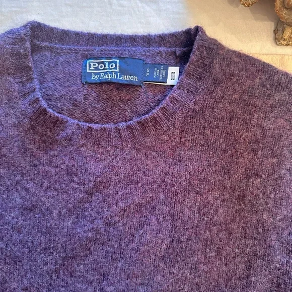 POLO Ralph Lauren Men's Heather Purple Crewneck Sweater with brown suede patches - Picture 2 of 3